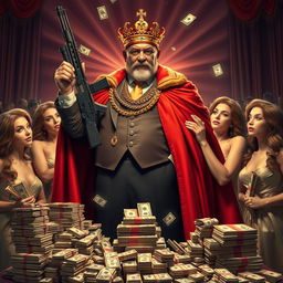 A powerful and imposing figure resembling a businessman in a royal outfit, holding an assault rifle in one arm, wearing a golden king's crown, and draped in a luxurious red cape