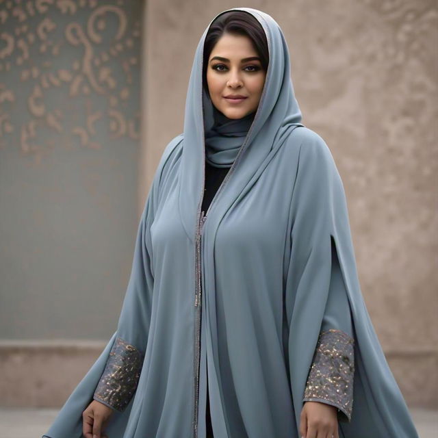 A handsome man standing next to a woman wearing a beautiful blue abaya