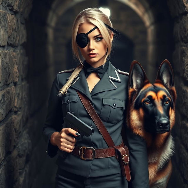 A striking scene featuring a sexy 20-year-old skinny blonde woman wearing an eye patch, dressed in a vintage German SS Nazi uniform