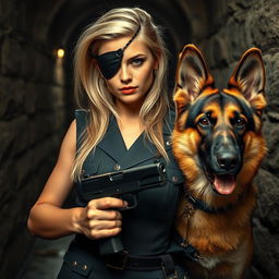 A striking scene featuring a sexy 20-year-old skinny blonde woman wearing an eye patch, dressed in a vintage German SS Nazi uniform