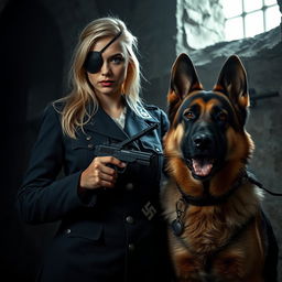 A striking scene featuring a sexy 20-year-old skinny blonde woman wearing an eye patch, dressed in a vintage German SS Nazi uniform