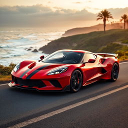 A sleek and shiny sports car parked on a scenic coastal road, with the ocean waves crashing in the background