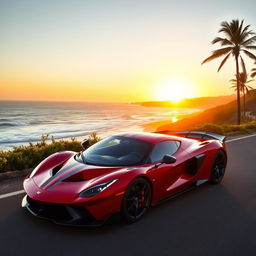 A sleek and shiny sports car parked on a scenic coastal road, with the ocean waves crashing in the background