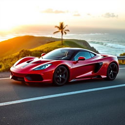 A sleek and shiny sports car parked on a scenic coastal road, with the ocean waves crashing in the background