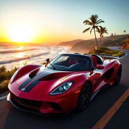 A sleek and shiny sports car parked on a scenic coastal road, with the ocean waves crashing in the background