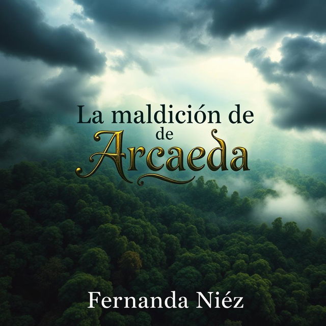 A beautiful book cover featuring an aerial view of a dense, mystical forest under cloudy skies