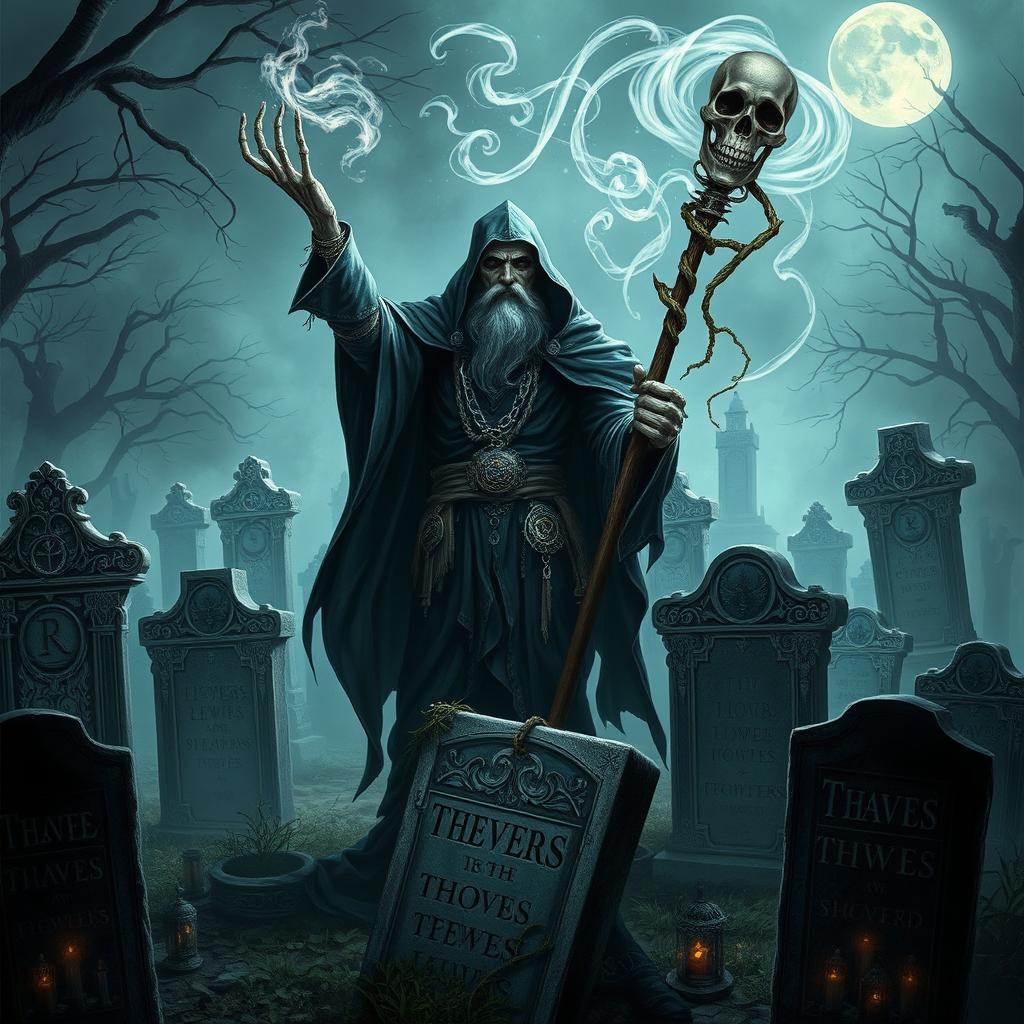 A militant death wizard stands amidst a graveyard filled with thieves' gravestones, adorned with intricate engravings and stolen treasures entwined in vines