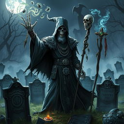 A militant death wizard stands amidst a graveyard filled with thieves' gravestones, adorned with intricate engravings and stolen treasures entwined in vines