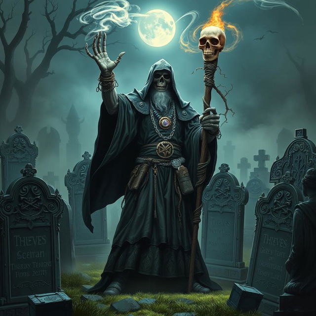 A militant death wizard stands amidst a graveyard filled with thieves' gravestones, adorned with intricate engravings and stolen treasures entwined in vines