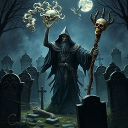 A militant death wizard stands amidst a graveyard filled with thieves' gravestones, adorned with intricate engravings and stolen treasures entwined in vines