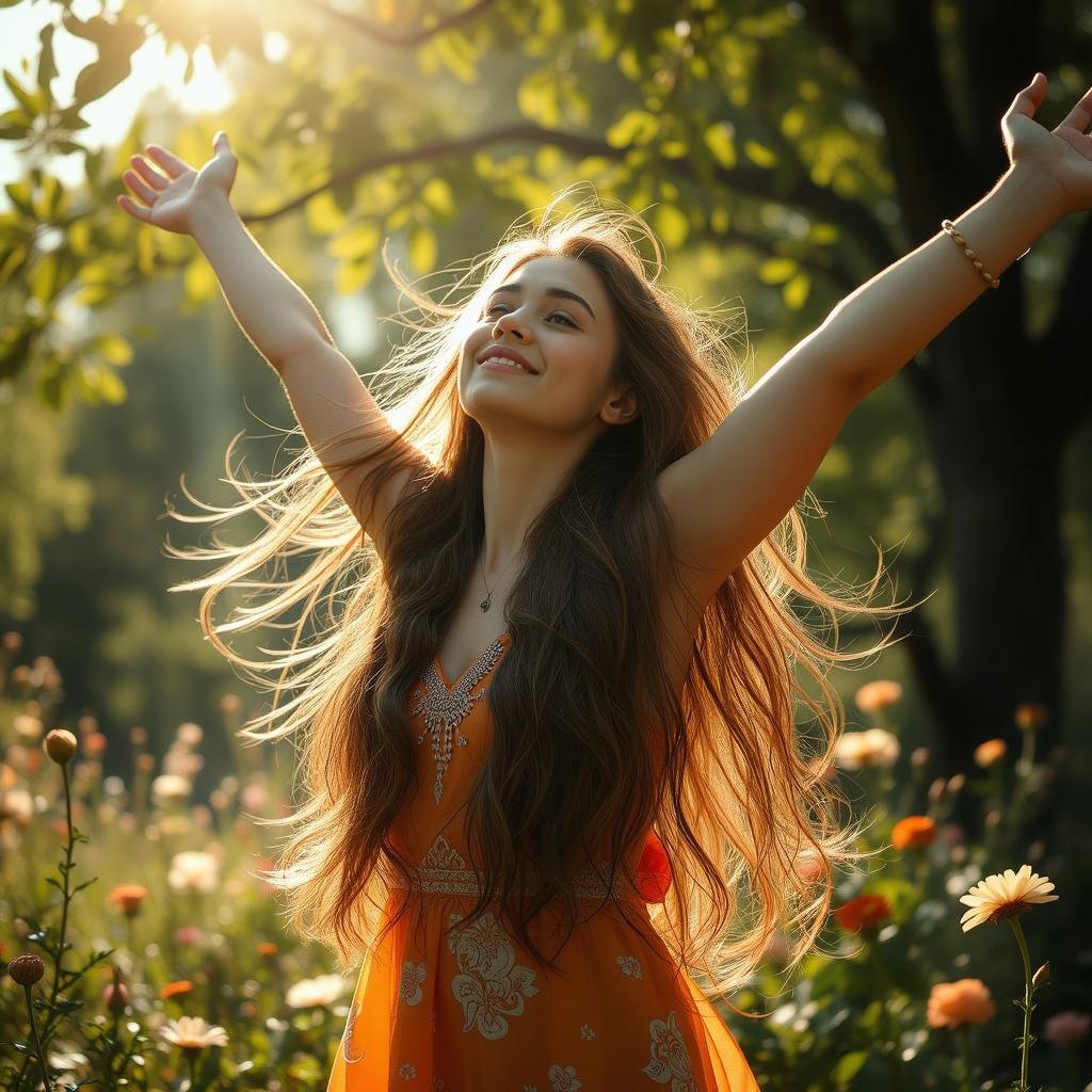 A young woman with long, flowing hair standing in a sunlit meadow filled with wildflowers