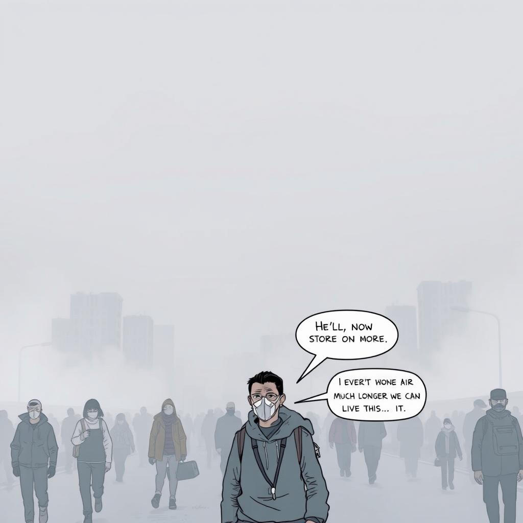 A comic panel depicting a gray horizon in a city shrouded in thick smog, where people are walking on the streets wearing masks