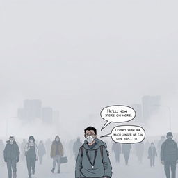 A comic panel depicting a gray horizon in a city shrouded in thick smog, where people are walking on the streets wearing masks