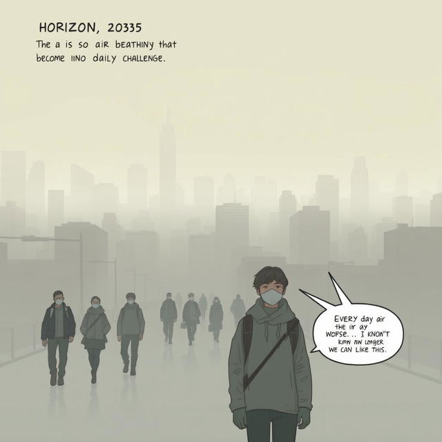 A comic panel depicting a gray horizon in a city shrouded in thick smog, where people are walking on the streets wearing masks