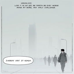 A comic panel depicting a gray horizon in a city shrouded in thick smog, where people are walking on the streets wearing masks