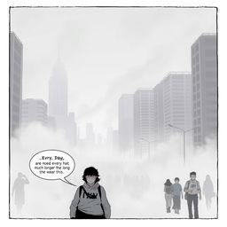 A comic panel depicting a gray horizon in a city shrouded in thick smog, where people are walking on the streets wearing masks