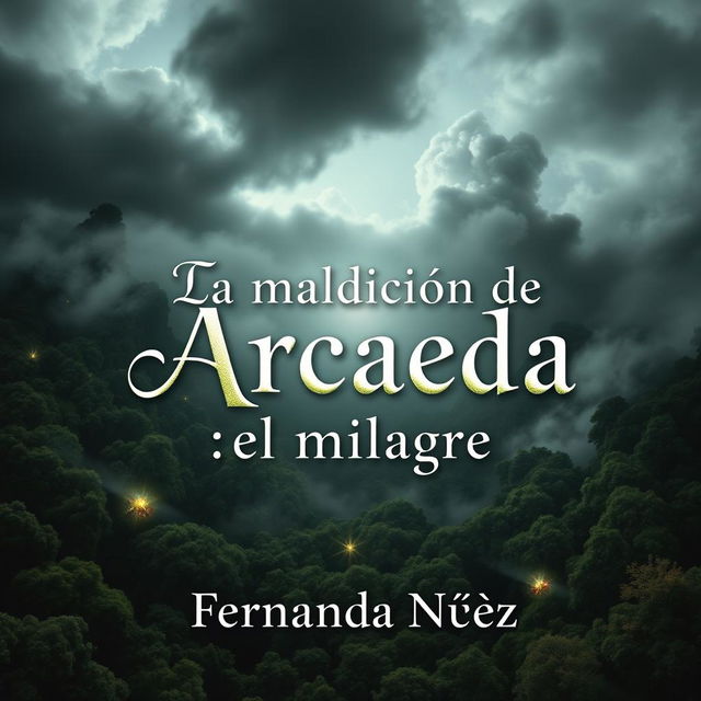 A captivating book cover featuring a dense forest viewed from above, with a cloudy sky creating a mystical atmosphere