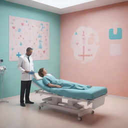 A digital art rendering of a healthcare scene where a doctor is treating a patient with a psychological approach, blending them with psychology symbols and a calming, therapeutic background.