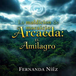 A captivating book cover showcasing a dense forest seen from above, under a sky filled with mystical, swirling clouds