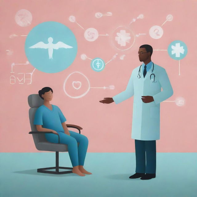 A digital art rendering of a healthcare scene where a doctor is treating a patient with a psychological approach, blending them with psychology symbols and a calming, therapeutic background.