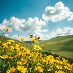 A vibrant and stunning field of yellow flowers in full bloom, under a bright blue sky with fluffy white clouds