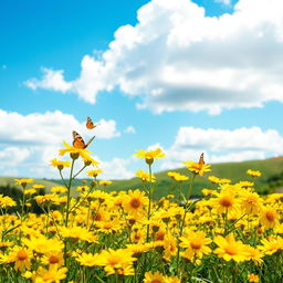 A vibrant and stunning field of yellow flowers in full bloom, under a bright blue sky with fluffy white clouds