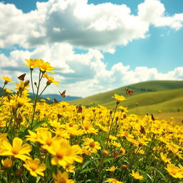 A vibrant and stunning field of yellow flowers in full bloom, under a bright blue sky with fluffy white clouds