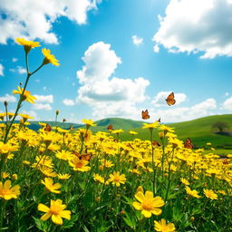 A vibrant and stunning field of yellow flowers in full bloom, under a bright blue sky with fluffy white clouds