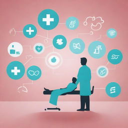 A digital art rendering of a healthcare scene where a doctor is treating a patient with a psychological approach, blending them with psychology symbols and a calming, therapeutic background.