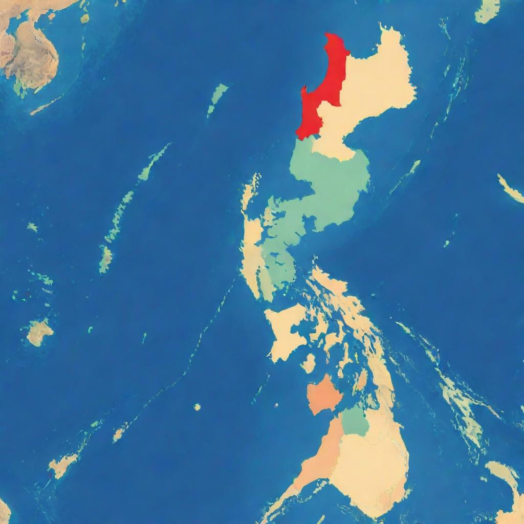 An aerial view of the Philippines highlighting the geographical divisions between Luzon, Visayas, and Mindanao with distinct color codes for each region.