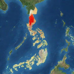 An aerial view of the Philippines highlighting the geographical divisions between Luzon, Visayas, and Mindanao with distinct color codes for each region.