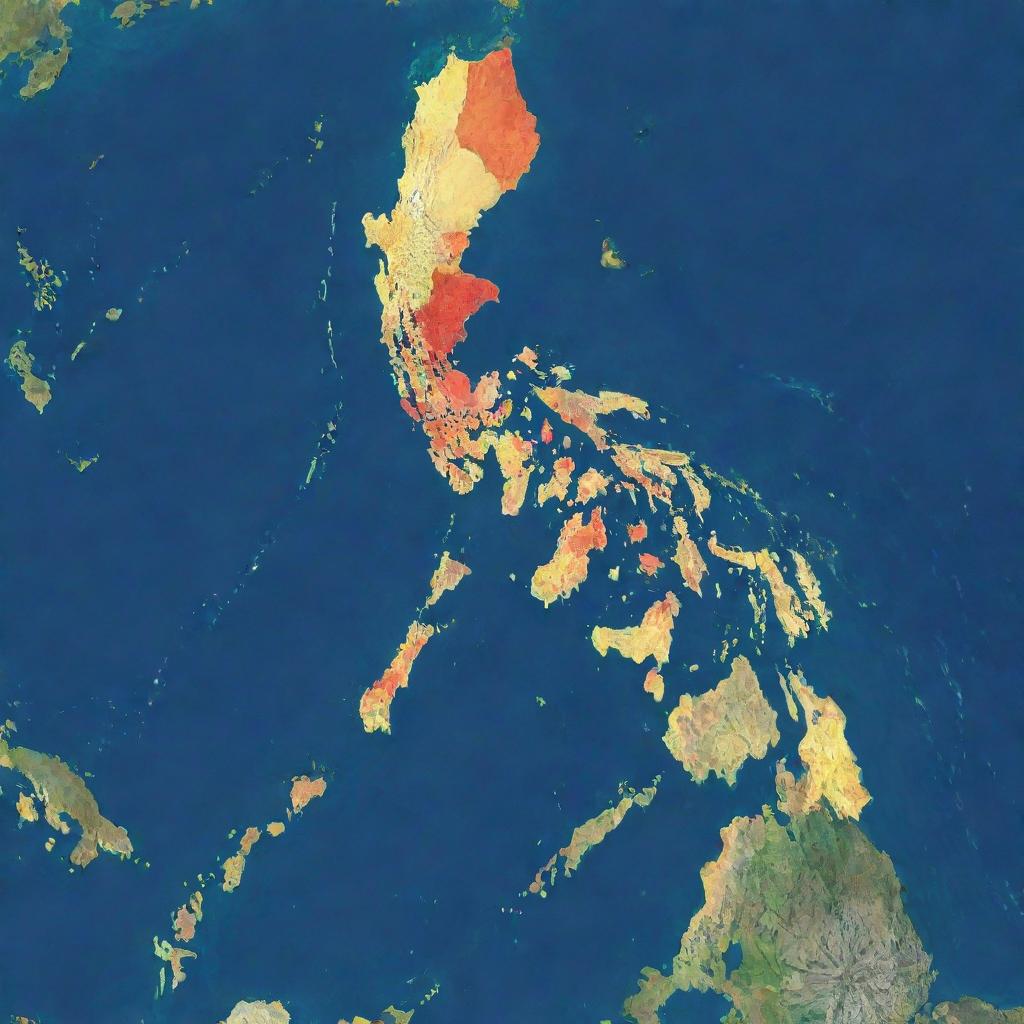 An aerial view of the Philippines highlighting the geographical divisions between Luzon, Visayas, and Mindanao with distinct color codes for each region.