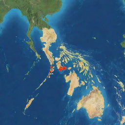 An aerial view of the Philippines highlighting the geographical divisions between Luzon, Visayas, and Mindanao with distinct color codes for each region.