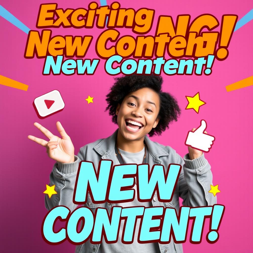 A vibrant, eye-catching YouTube thumbnail featuring a dynamic and colorful background, displaying bold text saying 'Exciting New Content!' in large, attention-grabbing font