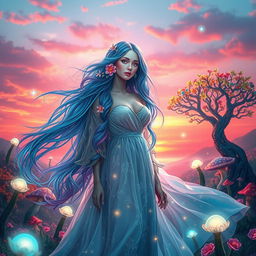 A stunning ethereal lady standing in a surreal dreamscape filled with vibrant colors and fantastical elements