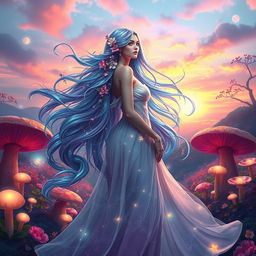 A stunning ethereal lady standing in a surreal dreamscape filled with vibrant colors and fantastical elements