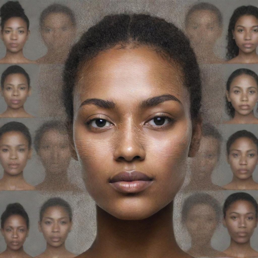 A digital art piece that captures the complexity of identity formation using a myriad of symbolic elements such as fingerprints, mirror reflections, and facial features illustrating individuality and diversity.