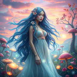 A stunning ethereal lady standing in a surreal dreamscape filled with vibrant colors and fantastical elements