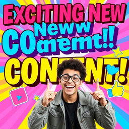 A vibrant, eye-catching YouTube thumbnail featuring a dynamic and colorful background, displaying bold text saying 'Exciting New Content!' in large, attention-grabbing font