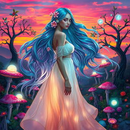 A stunning ethereal lady standing in a surreal dreamscape filled with vibrant colors and fantastical elements