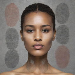 A digital art piece that captures the complexity of identity formation using a myriad of symbolic elements such as fingerprints, mirror reflections, and facial features illustrating individuality and diversity.