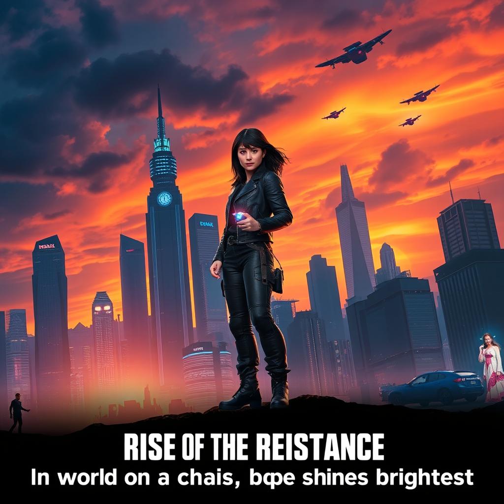 A dramatic film poster featuring a dystopian cityscape at sunset, showcasing towering skyscrapers with neon lights