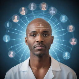 A digital depiction showing the crucial role of identity in medicine, and the vital psychological perspective in understanding how identity influences an individual's health and wellbeing, featuring elements such as a doctor, patients, DNA strands, and psychology symbols.