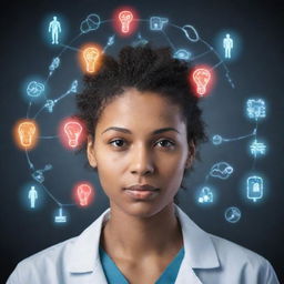 A digital depiction showing the crucial role of identity in medicine, and the vital psychological perspective in understanding how identity influences an individual's health and wellbeing, featuring elements such as a doctor, patients, DNA strands, and psychology symbols.