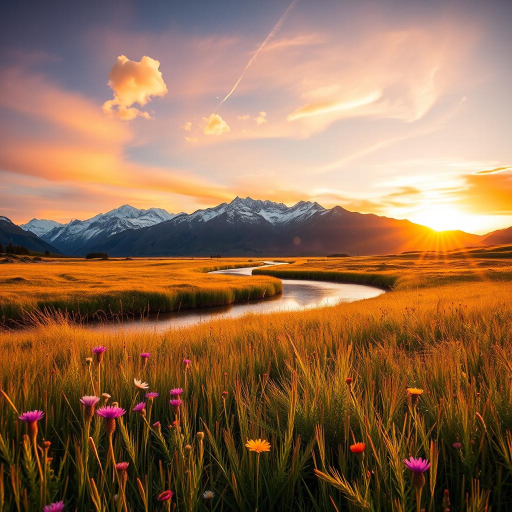 A serene landscape featuring a peaceful meadow bathed in the golden glow of sunset, wildflowers blooming in vibrant colors, with a gentle breeze causing a ripple effect in the tall grass