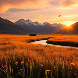 A serene landscape featuring a peaceful meadow bathed in the golden glow of sunset, wildflowers blooming in vibrant colors, with a gentle breeze causing a ripple effect in the tall grass