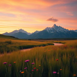 A serene landscape featuring a peaceful meadow bathed in the golden glow of sunset, wildflowers blooming in vibrant colors, with a gentle breeze causing a ripple effect in the tall grass