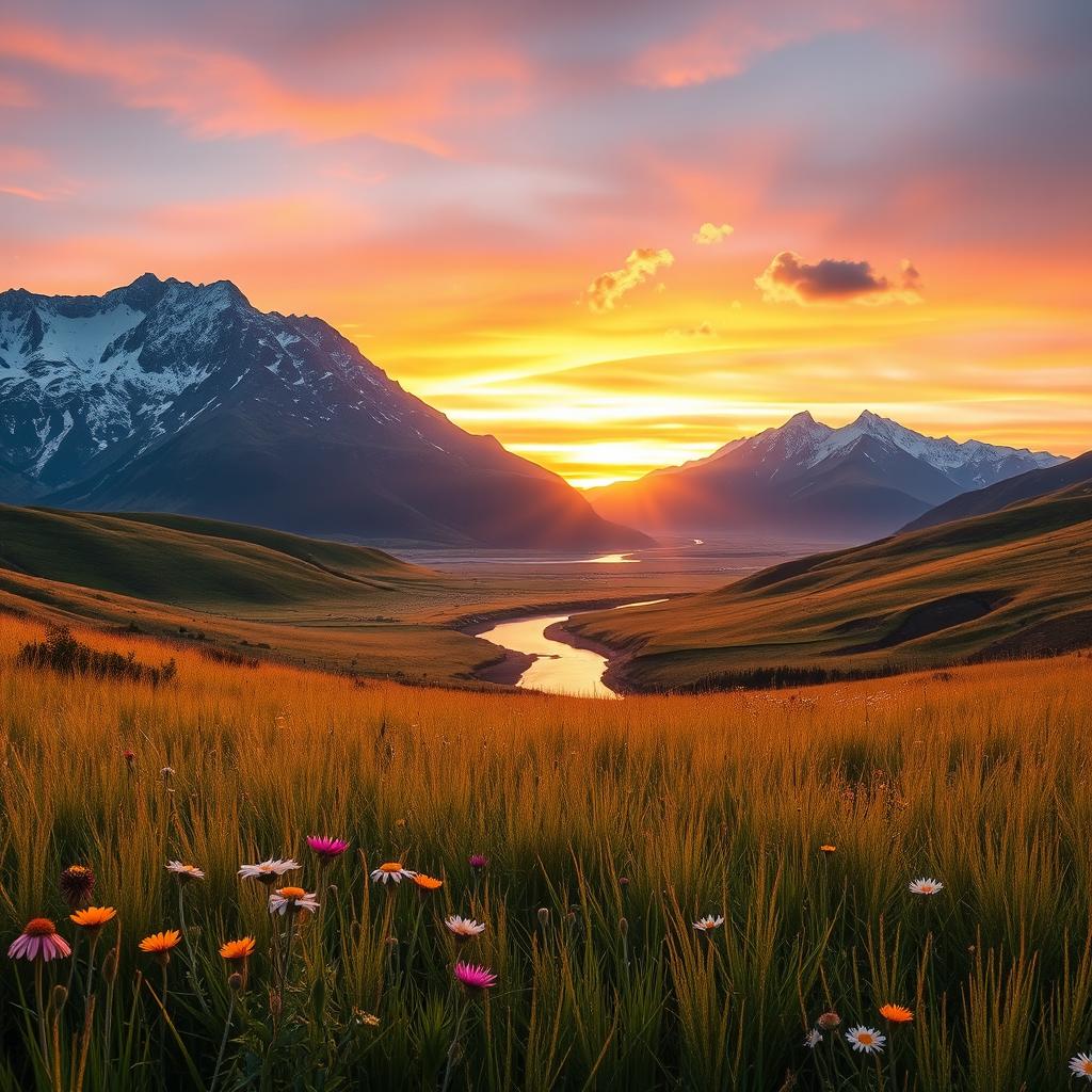 A serene landscape featuring a peaceful meadow bathed in the golden glow of sunset, wildflowers blooming in vibrant colors, with a gentle breeze causing a ripple effect in the tall grass