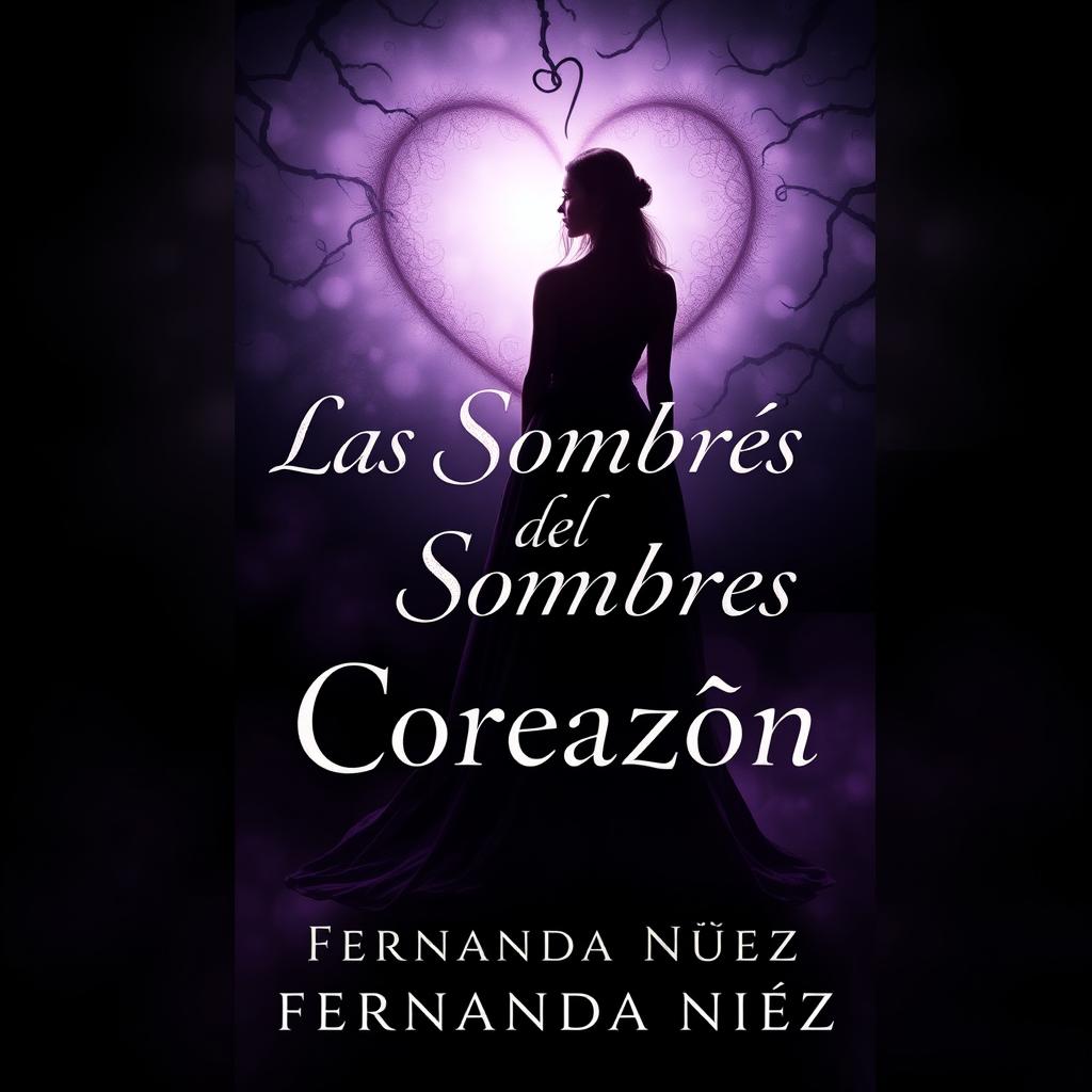 A creative book cover for a novel titled 'Las Sombras del Corazón' by author Fernanda Núñez