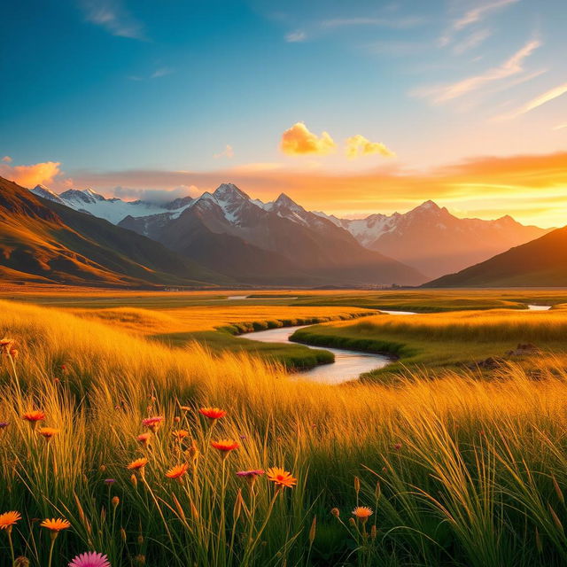 A serene landscape featuring a peaceful meadow bathed in the golden glow of sunset, wildflowers blooming in vibrant colors, with a gentle breeze causing a ripple effect in the tall grass